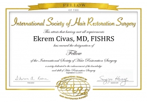 ekrem civas certificate for international society of hair restoration surgery membership