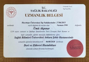 dermatologist certificate of dr umit akpinar