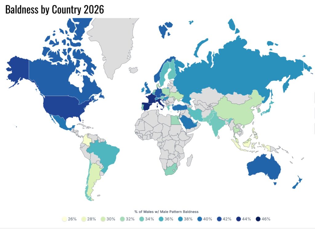 Map showing prevalence of hair loss in men